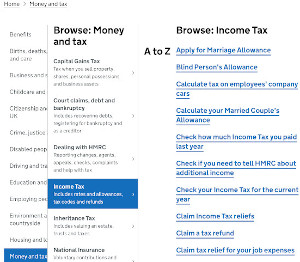 Page “Money and tax” du site gov.uk montrant clairement le parcours, et les sujets par ordre alphabétique.